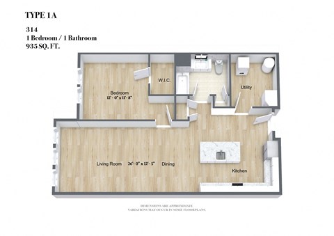 Floor plan for 1 bed, 1 bath, 825 sqft